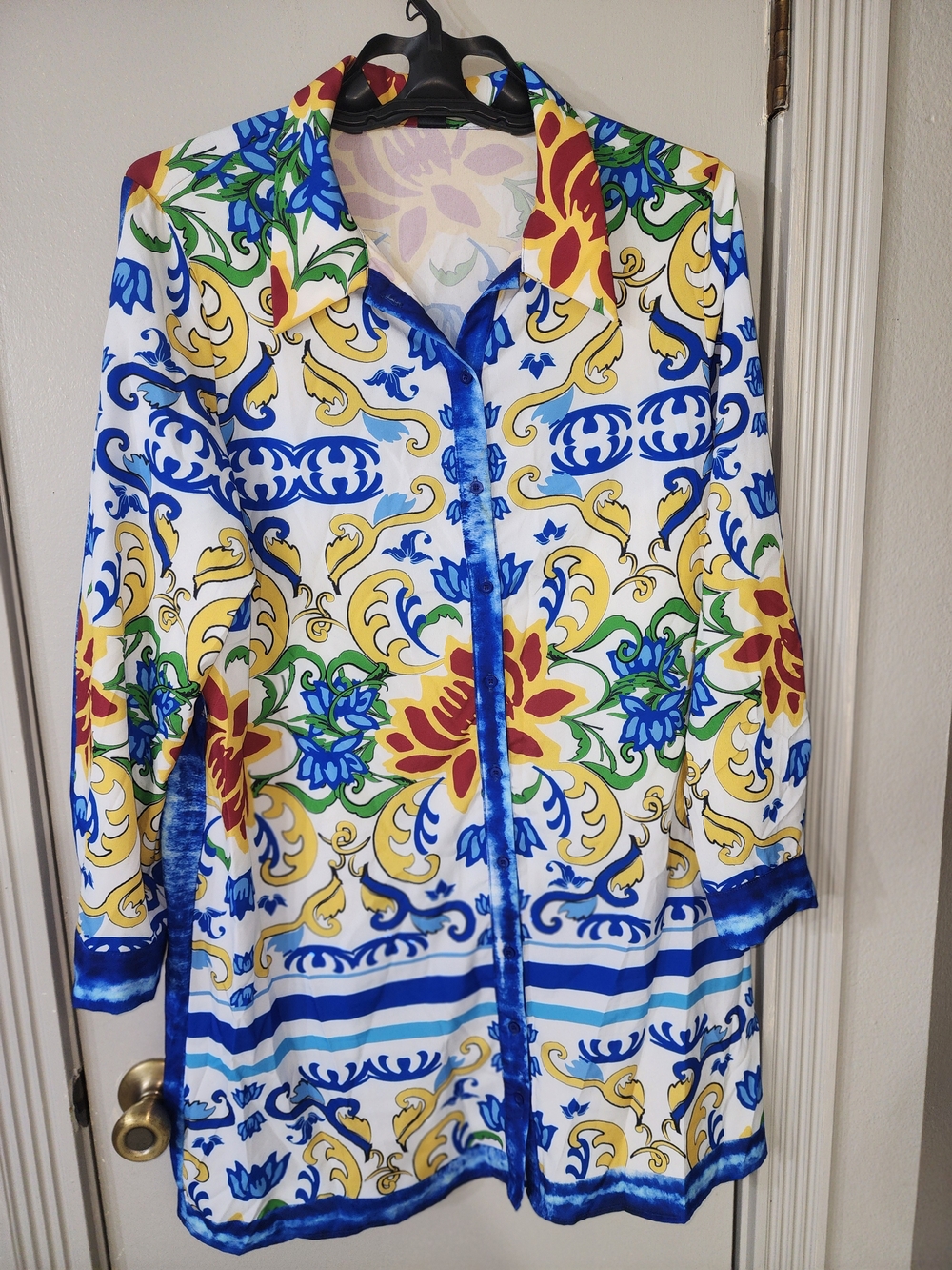 Women’s Floral Scroll Print Button-Up Dress White/Blue/Yellow